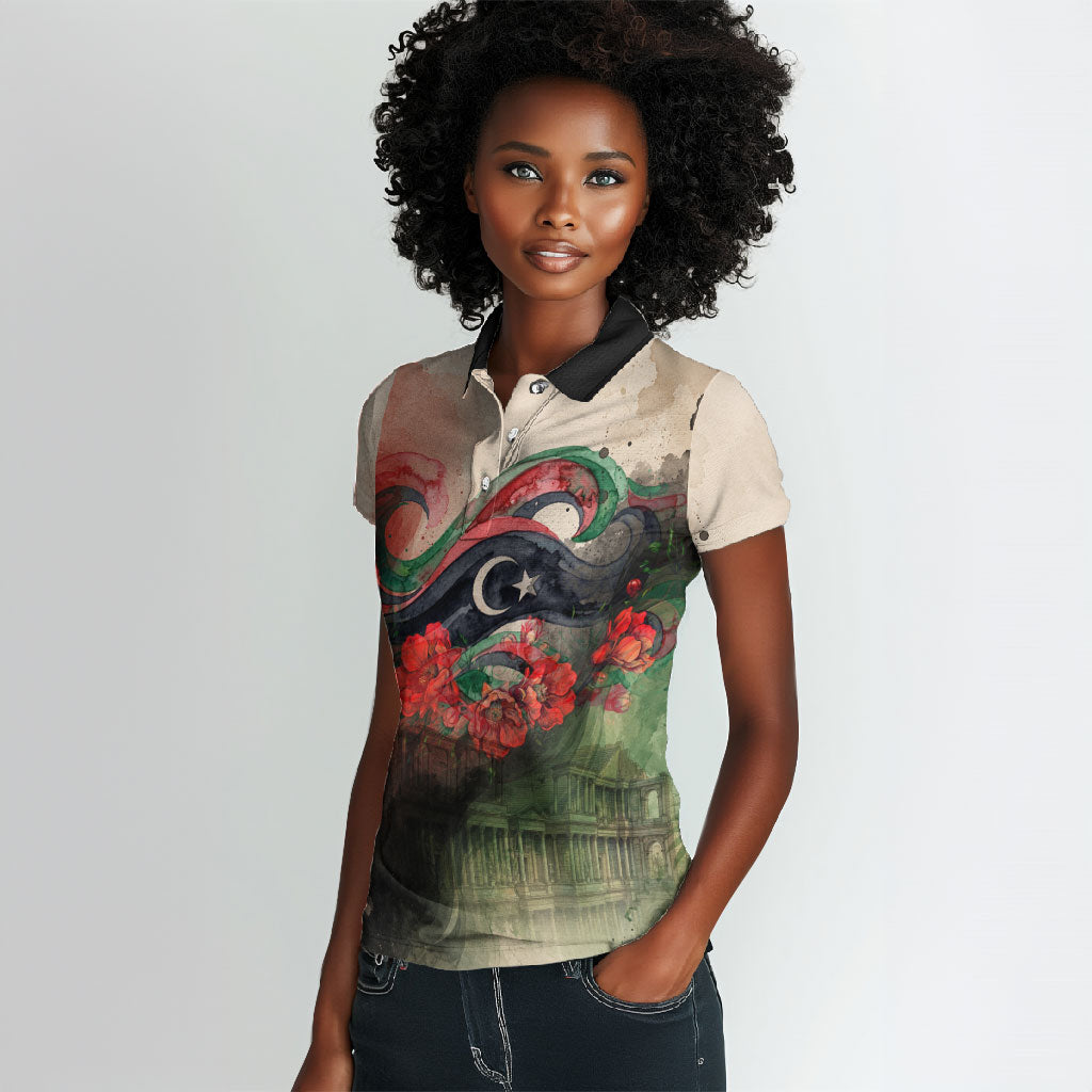 Libya Revolution Day Women Polo Shirt Libyan National Pride Watercolor Flag Waves Floral