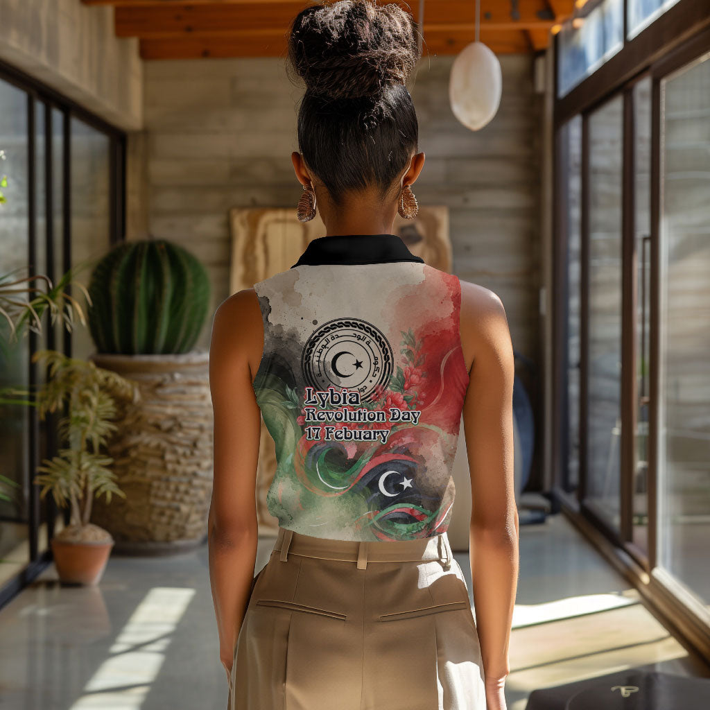 Libya Revolution Day Women Sleeveless Polo Shirt Libyan National Pride Watercolor Flag Waves Floral