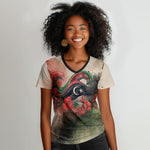 Libya Revolution Day Women V-Neck T-Shirt Libyan National Pride Watercolor Flag Waves Floral