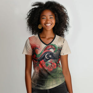 Libya Revolution Day Women V-Neck T-Shirt Libyan National Pride Watercolor Flag Waves Floral