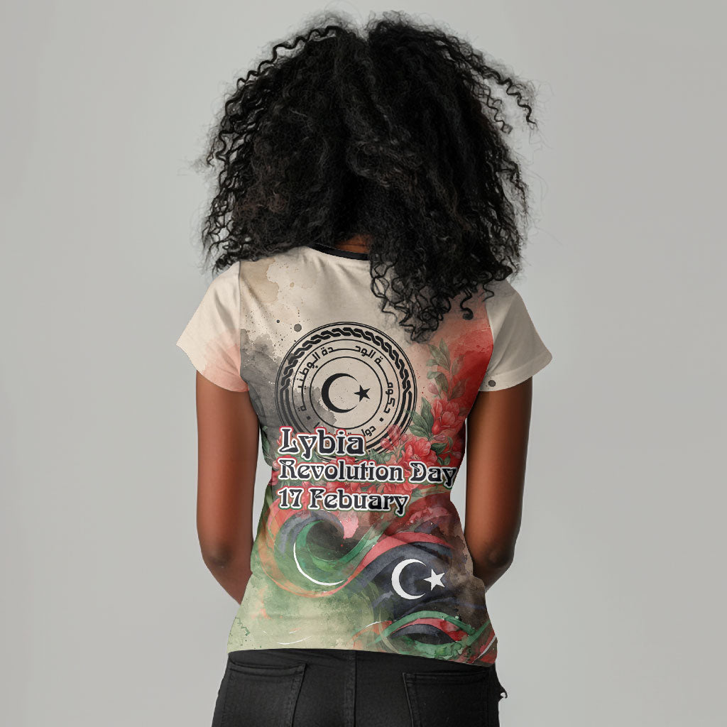 Libya Revolution Day Women V-Neck T-Shirt Libyan National Pride Watercolor Flag Waves Floral
