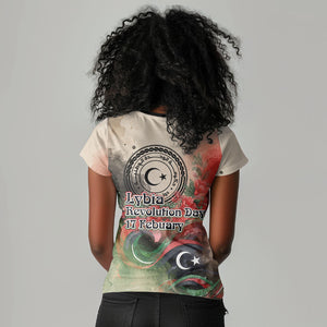 Libya Revolution Day Women V-Neck T-Shirt Libyan National Pride Watercolor Flag Waves Floral