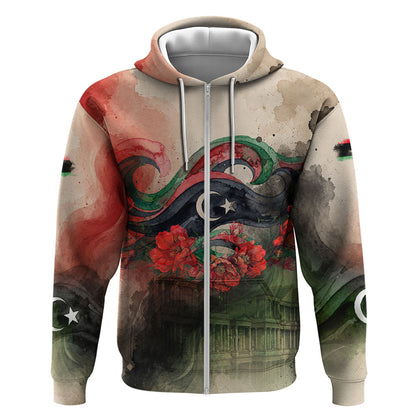 Libya Revolution Day Zip Hoodie Libyan National Pride Watercolor Flag Waves Floral