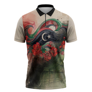 Libya Revolution Day Zipper Polo Shirt Libyan National Pride Watercolor Flag Waves Floral