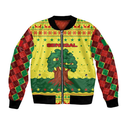 Senegal Christmas Bomber Jacket Baobab Tree and National Coat of Arms Motif - African Pride