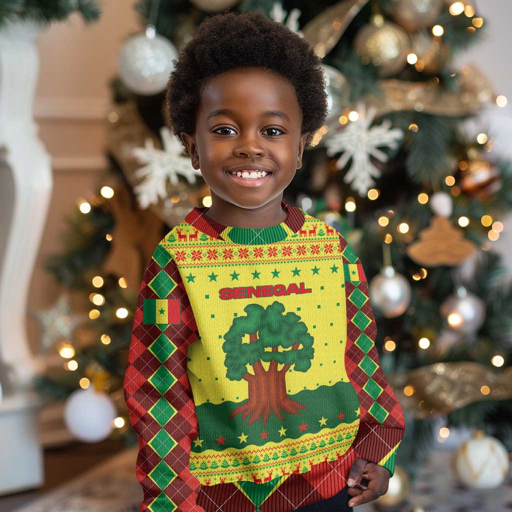 Senegal Christmas Kid Ugly Christmas Sweater Baobab Tree and National Coat of Arms Motif - African Pride