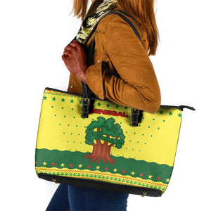 Senegal Christmas Leather Tote Bag Baobab Tree and National Coat of Arms Motif - African Pride