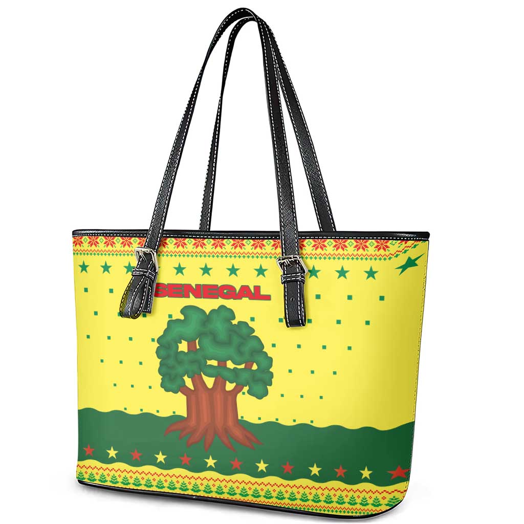 Senegal Christmas Leather Tote Bag Baobab Tree and National Coat of Arms Motif - African Pride