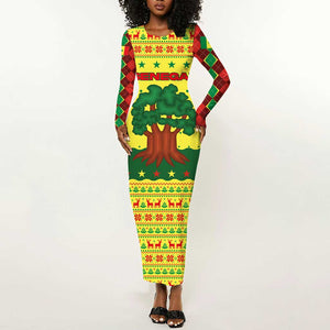 Senegal Christmas Long Sleeve Bodycon Dress Baobab Tree and National Coat of Arms Motif - African Pride