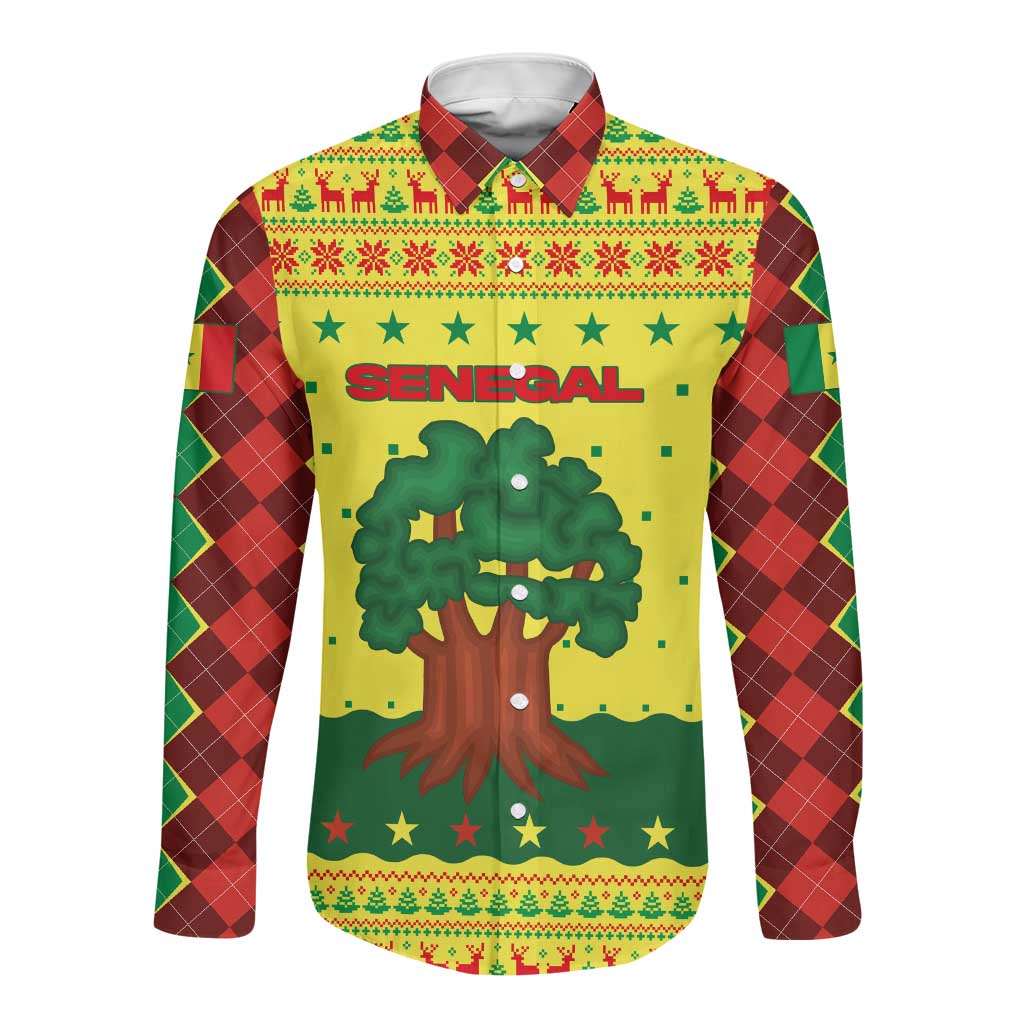 Senegal Christmas Long Sleeve Button Shirt Baobab Tree and National Coat of Arms Motif - African Pride