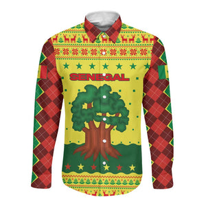 Senegal Christmas Long Sleeve Button Shirt Baobab Tree and National Coat of Arms Motif - African Pride