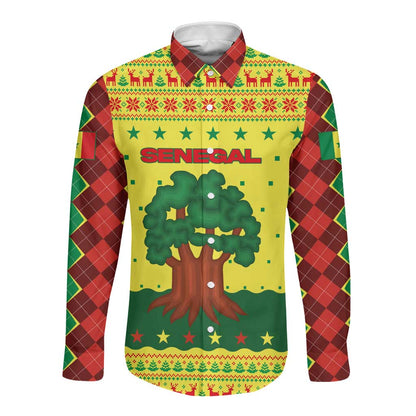 Senegal Christmas Long Sleeve Button Shirt Baobab Tree and National Coat of Arms Motif - African Pride