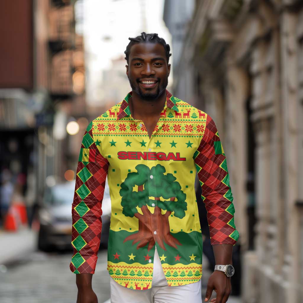 Senegal Christmas Long Sleeve Button Shirt Baobab Tree and National Coat of Arms Motif - African Pride