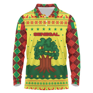 Senegal Christmas Long Sleeve Polo Shirt Baobab Tree and National Coat of Arms Motif - African Pride