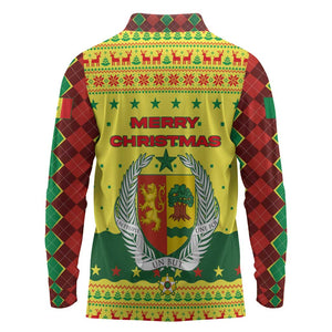 Senegal Christmas Long Sleeve Polo Shirt Baobab Tree and National Coat of Arms Motif - African Pride