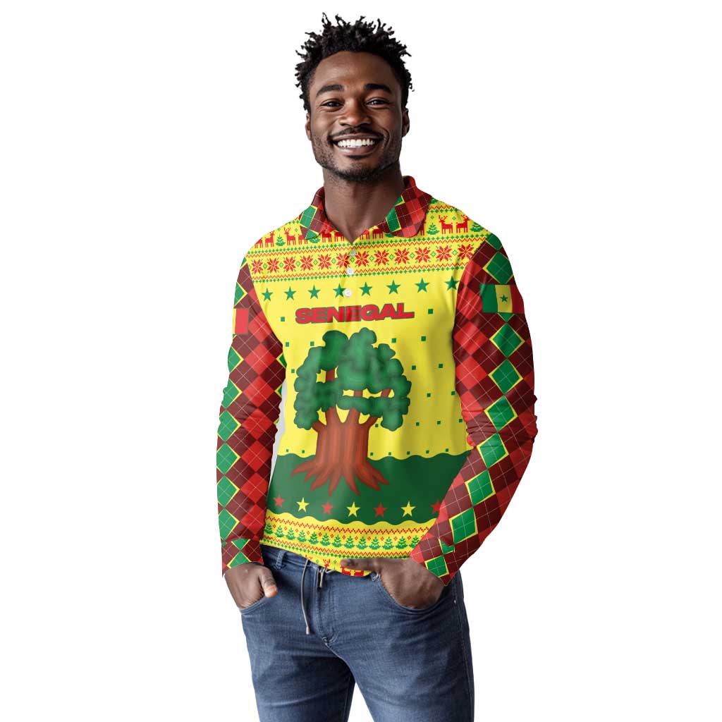 Senegal Christmas Long Sleeve Polo Shirt Baobab Tree and National Coat of Arms Motif - African Pride