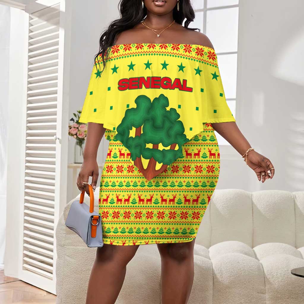 Senegal Christmas Off Shoulder Short Dress Baobab Tree and National Coat of Arms Motif - African Pride