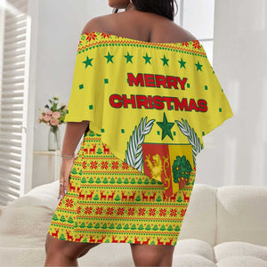 Senegal Christmas Off Shoulder Short Dress Baobab Tree and National Coat of Arms Motif - African Pride