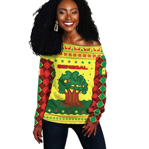 Senegal Christmas Off Shoulder Sweater Baobab Tree and National Coat of Arms Motif - African Pride