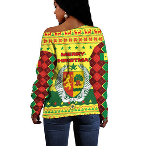 Senegal Christmas Off Shoulder Sweater Baobab Tree and National Coat of Arms Motif - African Pride