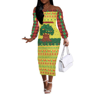 Senegal Christmas Off The Shoulder Long Sleeve Dress Baobab Tree and National Coat of Arms Motif - African Pride