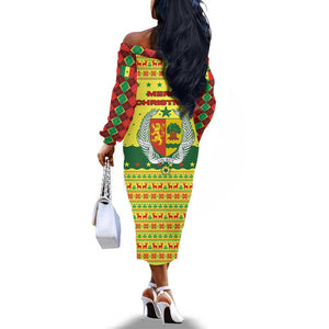 Senegal Christmas Off The Shoulder Long Sleeve Dress Baobab Tree and National Coat of Arms Motif - African Pride