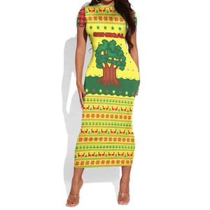 Senegal Christmas Short Sleeve Bodycon Dress Baobab Tree and National Coat of Arms Motif - African Pride