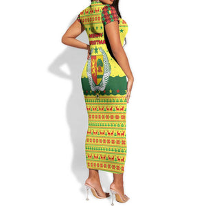Senegal Christmas Short Sleeve Bodycon Dress Baobab Tree and National Coat of Arms Motif - African Pride