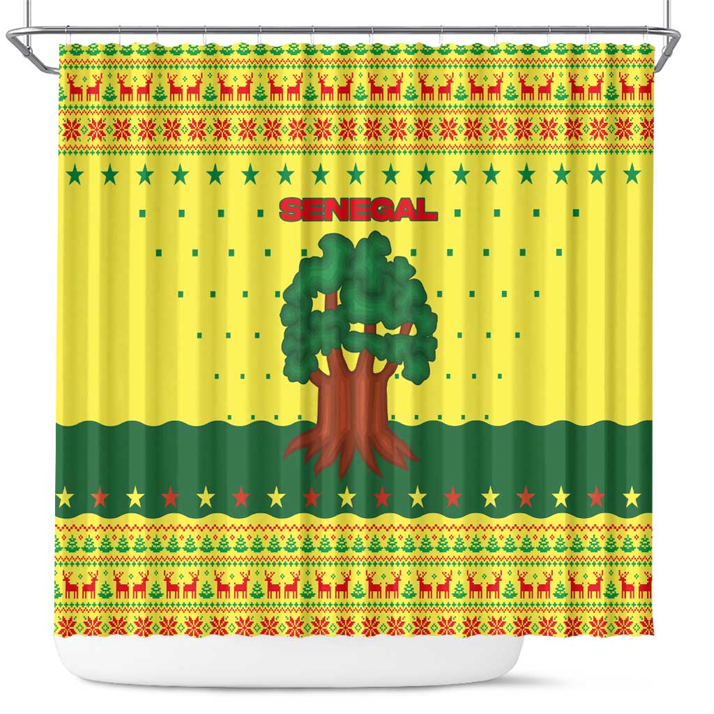Senegal Christmas Shower Curtain Baobab Tree and National Coat of Arms Motif - African Pride