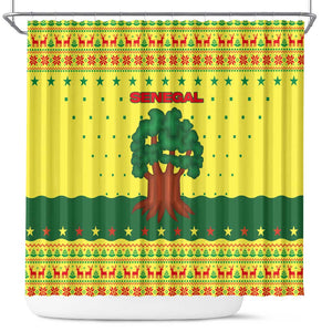Senegal Christmas Shower Curtain Baobab Tree and National Coat of Arms Motif - African Pride