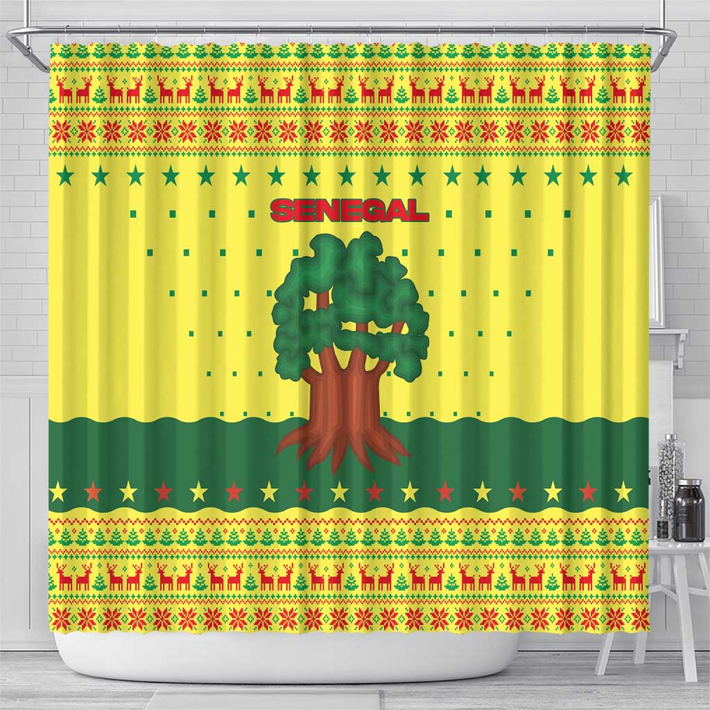 Senegal Christmas Shower Curtain Baobab Tree and National Coat of Arms Motif - African Pride