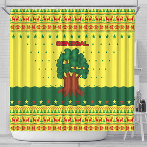 Senegal Christmas Shower Curtain Baobab Tree and National Coat of Arms Motif - African Pride