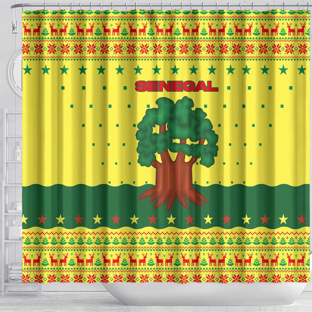 Senegal Christmas Shower Curtain Baobab Tree and National Coat of Arms Motif - African Pride