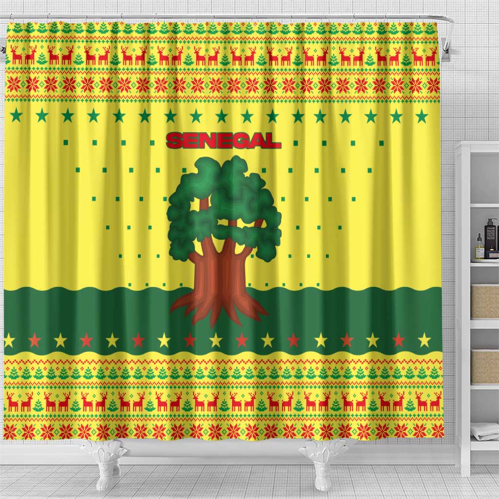 Senegal Christmas Shower Curtain Baobab Tree and National Coat of Arms Motif - African Pride