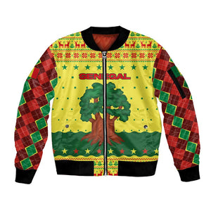 Senegal Christmas Sleeve Zip Bomber Jacket Baobab Tree and National Coat of Arms Motif - African Pride