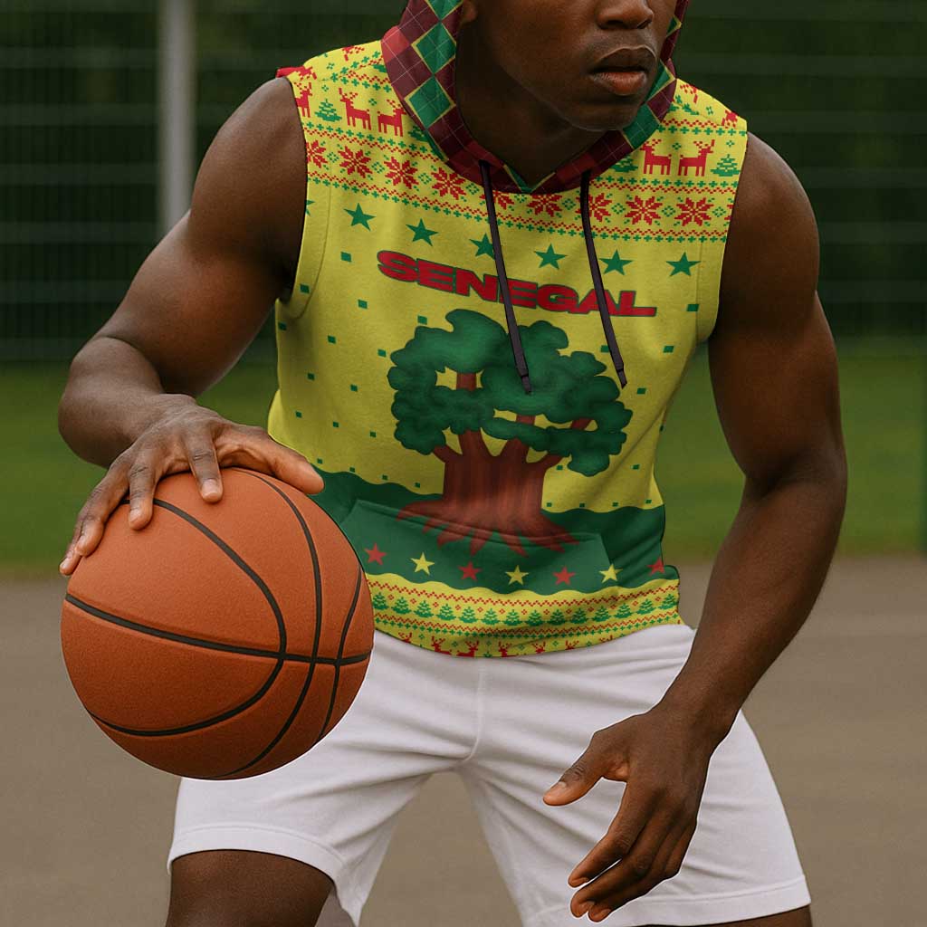 Senegal Christmas Sleeveless Hoodie Baobab Tree and National Coat of Arms Motif - African Pride