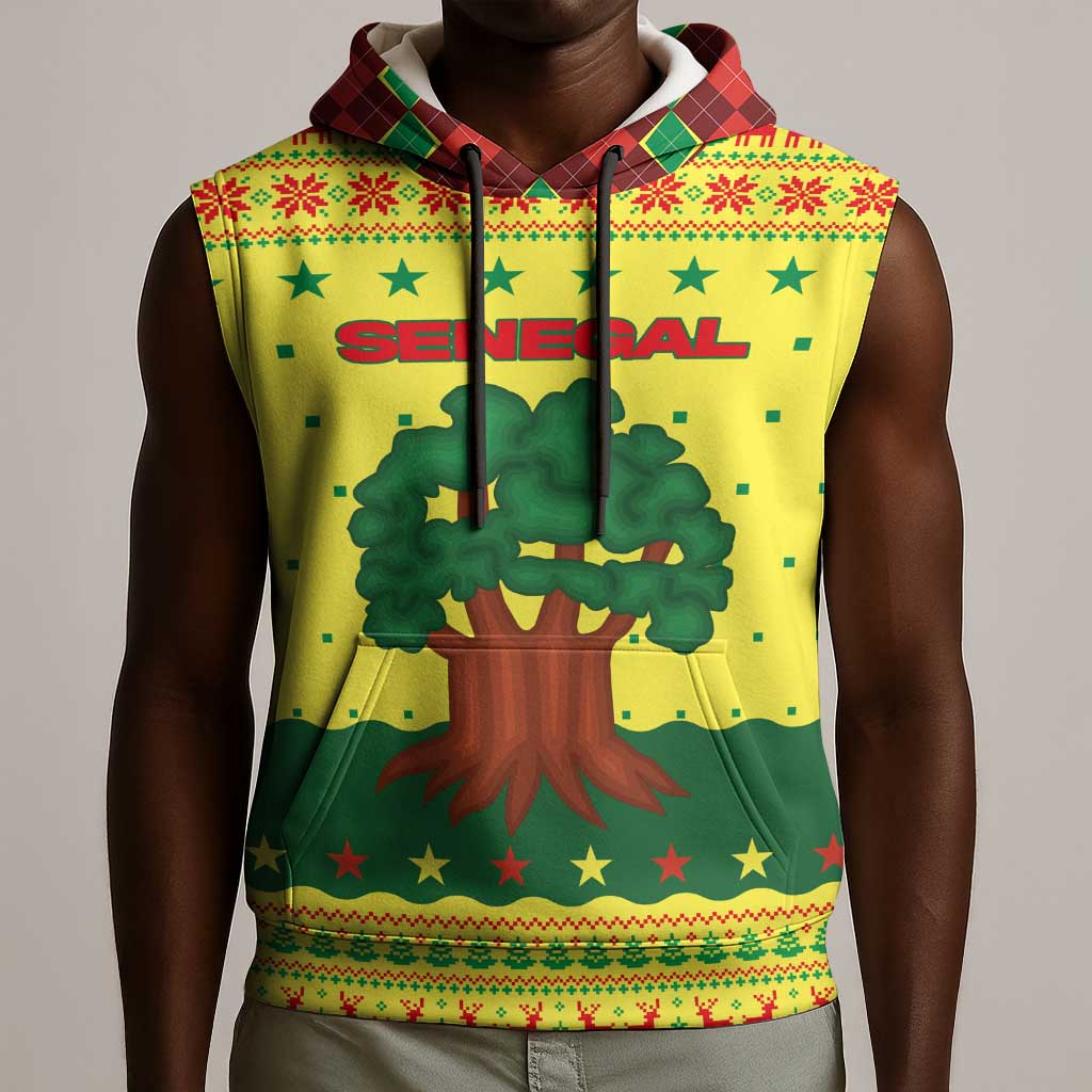 Senegal Christmas Sleeveless Hoodie Baobab Tree and National Coat of Arms Motif - African Pride