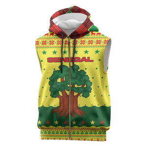 Senegal Christmas Sleeveless Zip Hoodie Baobab Tree and National Coat of Arms Motif - African Pride
