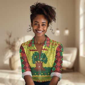Senegal Christmas Women Casual Shirt Baobab Tree and National Coat of Arms Motif - African Pride