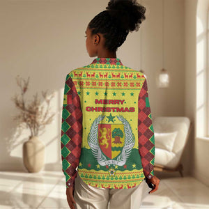 Senegal Christmas Women Casual Shirt Baobab Tree and National Coat of Arms Motif - African Pride