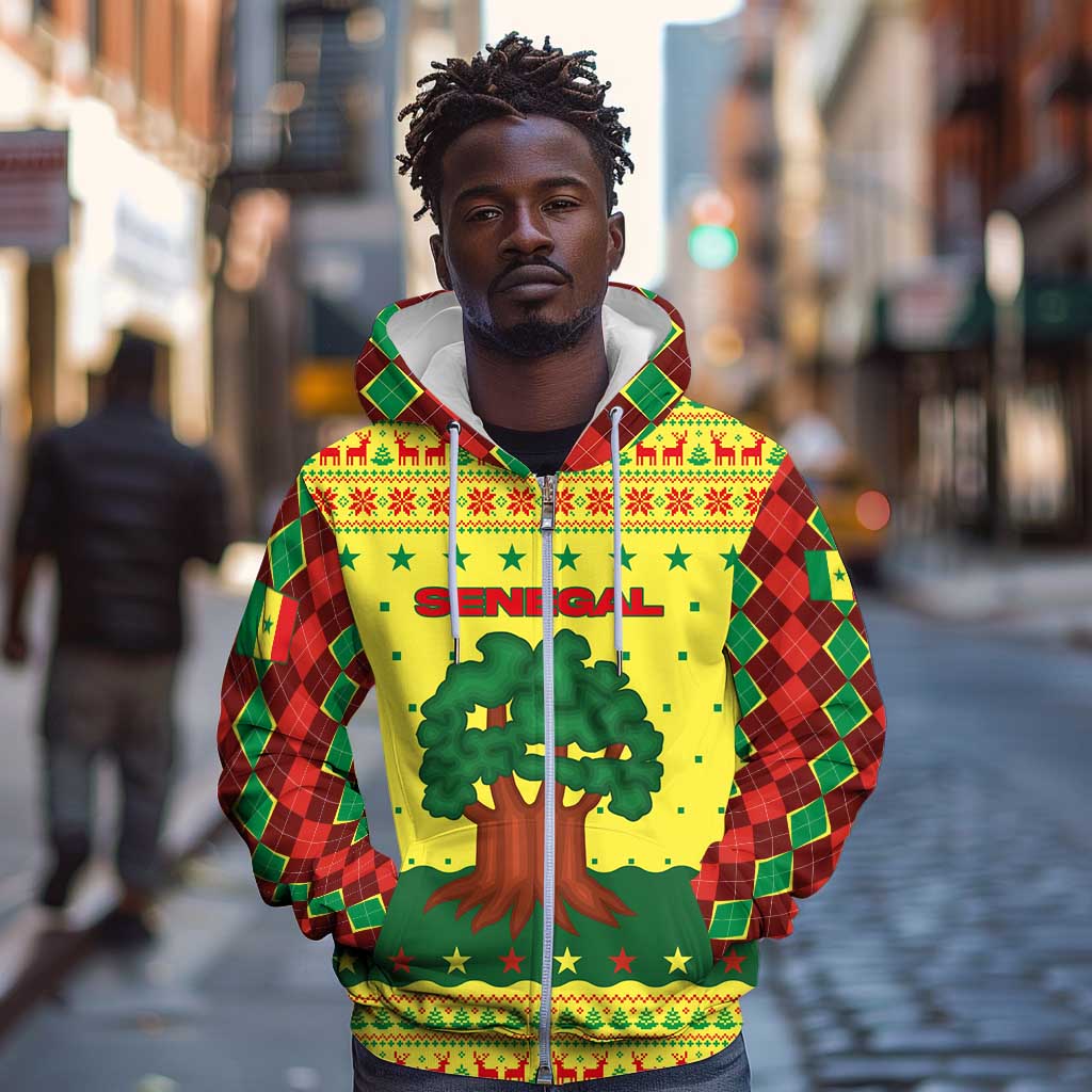 Senegal Christmas Zip Hoodie Baobab Tree and National Coat of Arms Motif - African Pride
