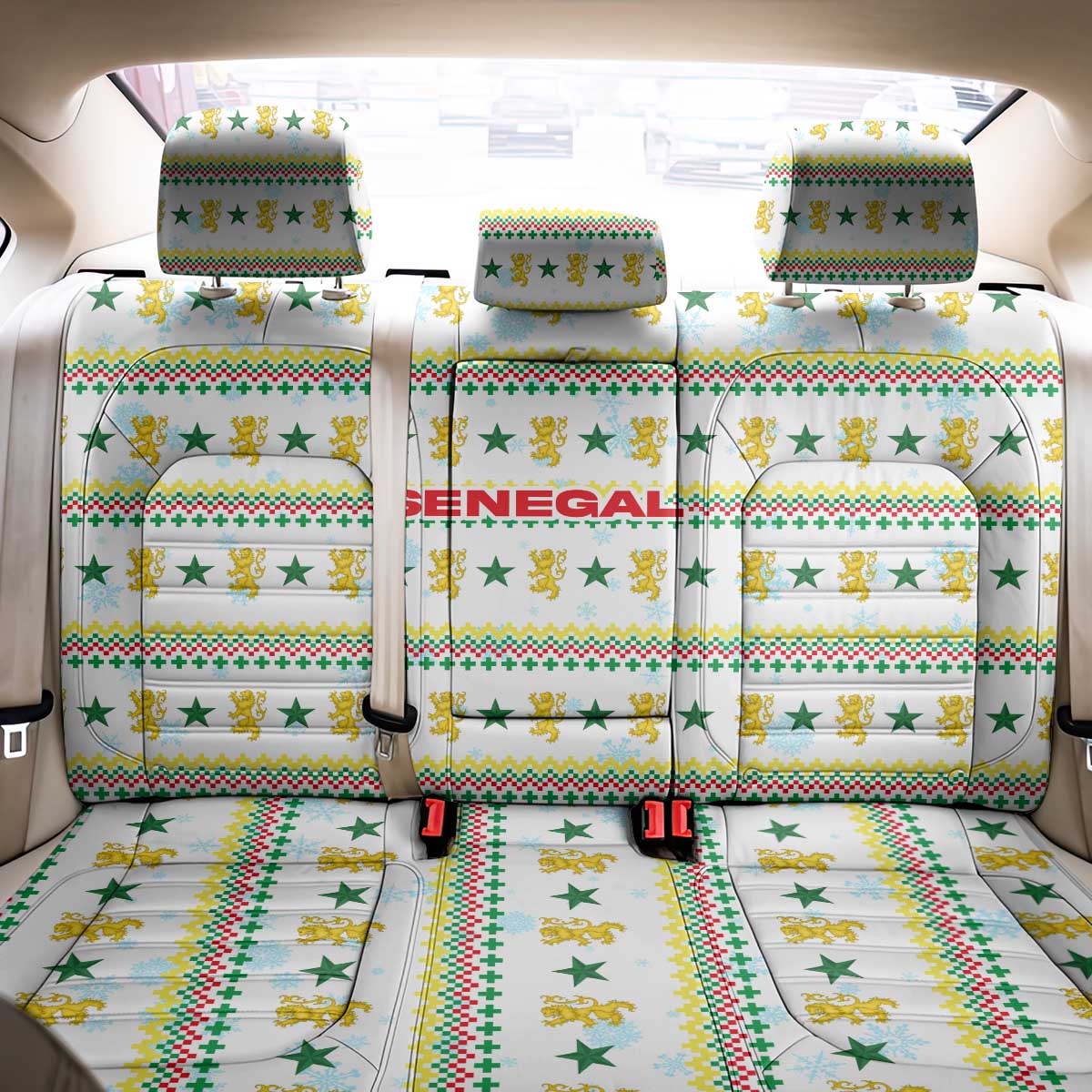 Senegal Christmas Back Car Seat Cover Golden Lion and Festive Stars Motif - African Pride