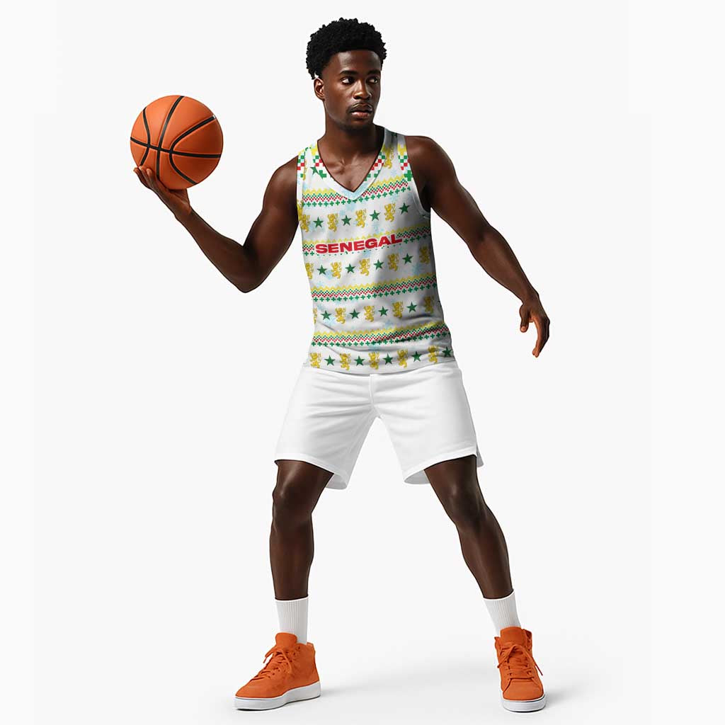 Senegal Christmas Basketball Jersey Golden Lion and Festive Stars Motif - African Pride
