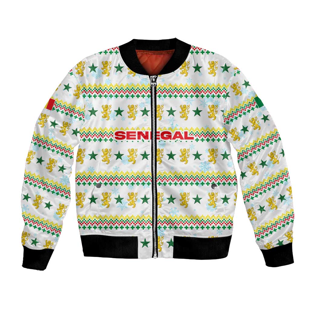 Senegal Christmas Bomber Jacket Golden Lion and Festive Stars Motif - African Pride