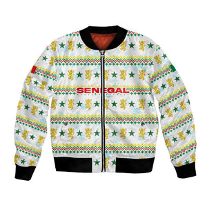 Senegal Christmas Bomber Jacket Golden Lion and Festive Stars Motif - African Pride