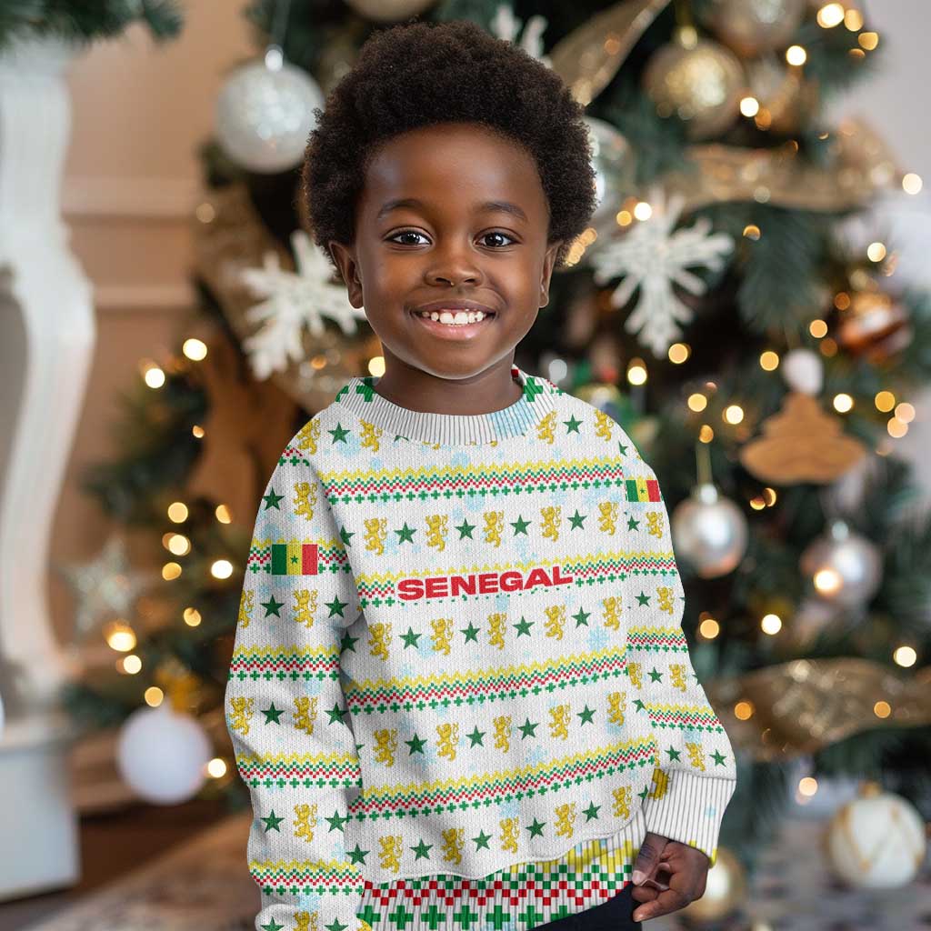 Senegal Christmas Kid Ugly Christmas Sweater Golden Lion and Festive Stars Motif - African Pride