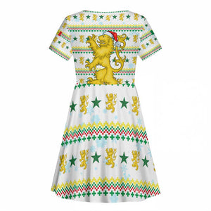 Senegal Christmas Kid Short Sleeve Dress Golden Lion and Festive Stars Motif - African Pride