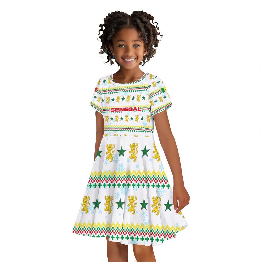 Senegal Christmas Kid Short Sleeve Dress Golden Lion and Festive Stars Motif - African Pride