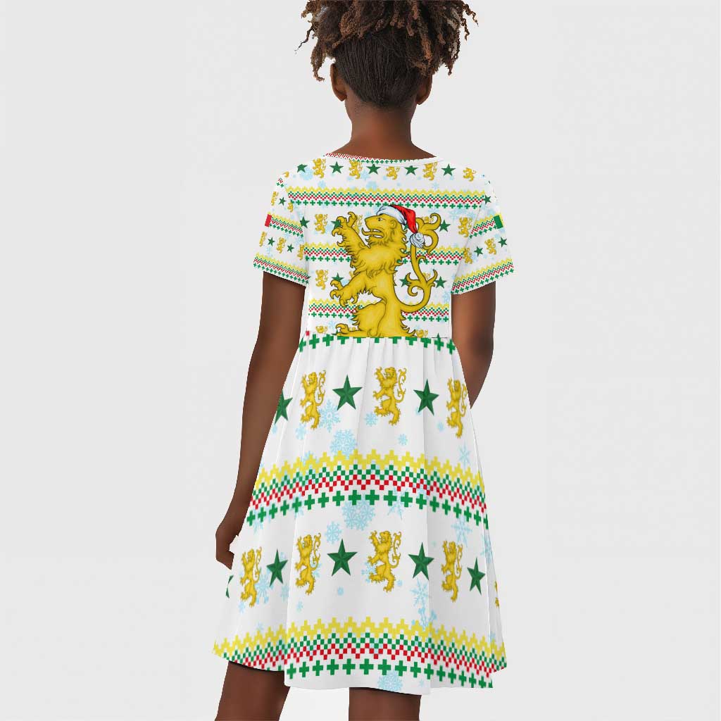 Senegal Christmas Kid Short Sleeve Dress Golden Lion and Festive Stars Motif - African Pride