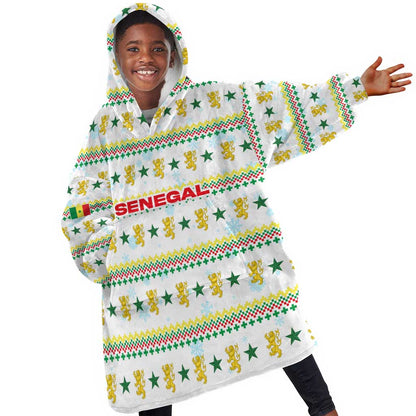 Senegal Christmas Kid Wearable Blanket Hoodie Golden Lion and Festive Stars Motif - African Pride